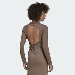 Adidas ribbed long sleeve top with cut out back and logo Brown S